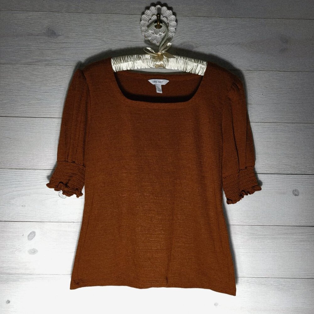 Nine West Top Brown Square Neck Smock Sleeve BOHO Shirt.